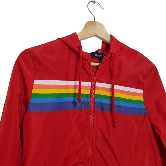 New Look | Retro 70s 80s Rainbow Chest Full Zip Hooded Windbreaker Jacket - Picture 2 of 11